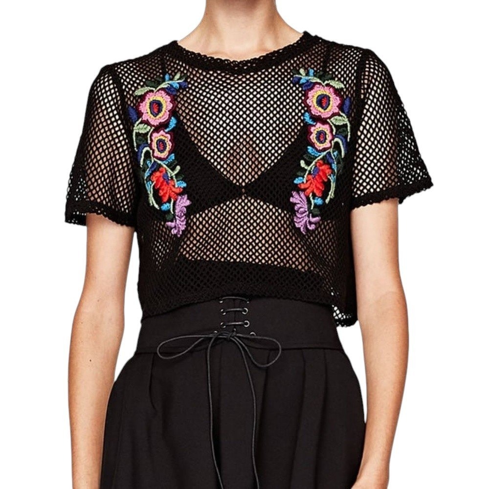 Zara Knit Embroidered Fishnet Crop Top Black Floral Boho Festival Indie Sleaze S